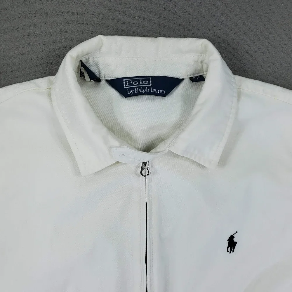 Polo Ralph Lauren Harrington Jacket Mens L White Cotton Full Zip Pony Vintage